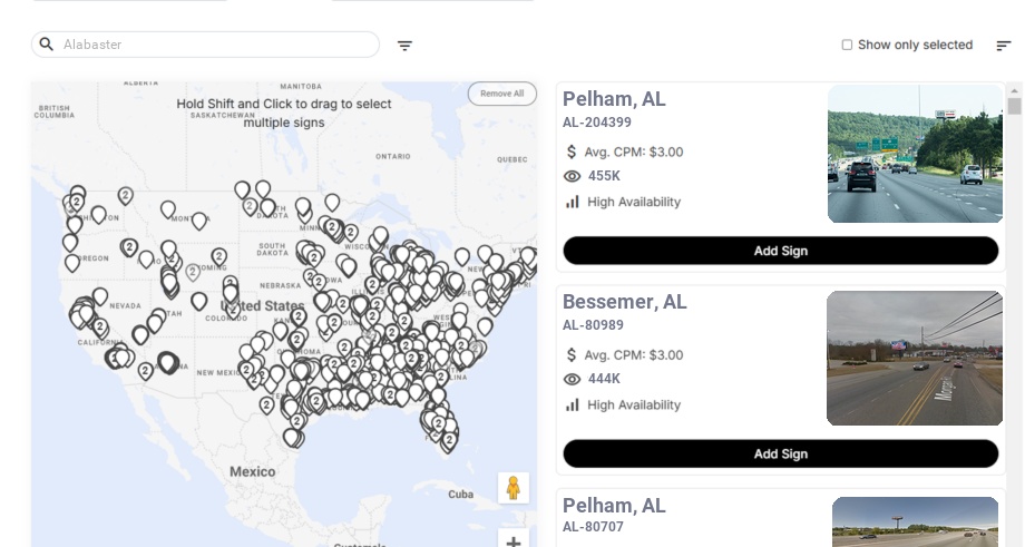 Billboard advertising in Alabaster, Alabama - Choose your favorite location