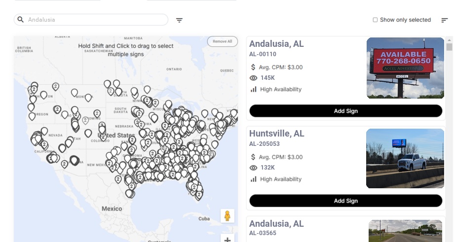Billboard advertising in Andalusia Al, Alabama - Choose your favorite location