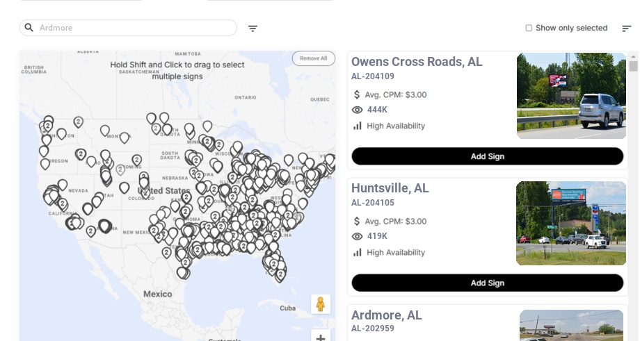 Billboard advertising in Ardmore Al, Alabama - Choose your favorite location