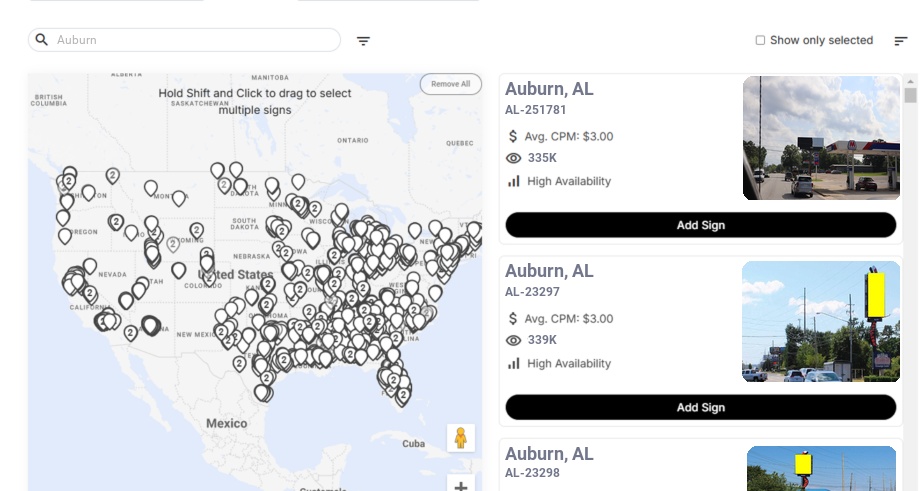 Billboard advertising in Auburn, Alabama - Choose your favorite location