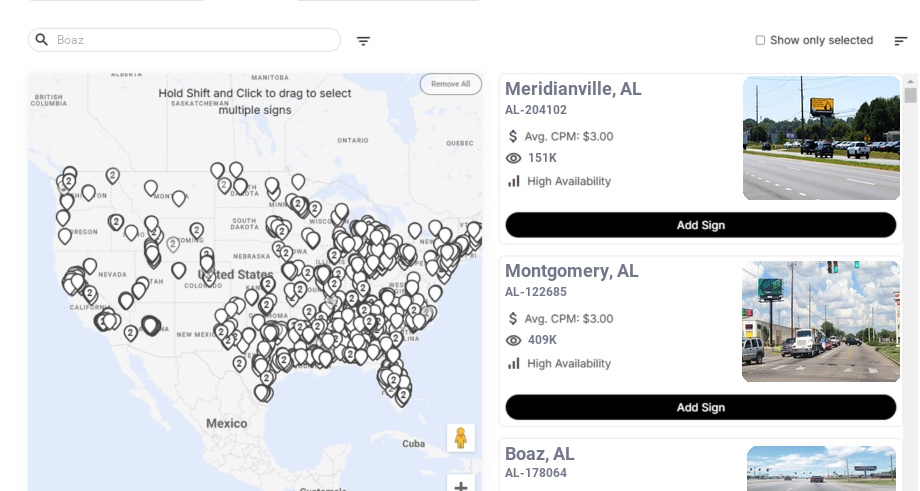 Billboard advertising in Boaz, Alabama - Choose your favorite location
