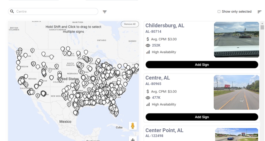 Billboard advertising in Centre, Alabama - Choose your favorite location