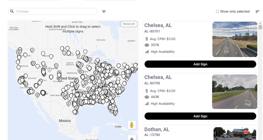 Billboard advertising in Chelsea Al, Alabama - Choose your favorite location