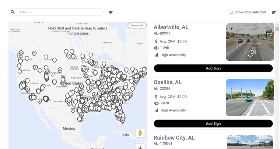 Billboard advertising in Dadeville Al, Alabama - Choose your favorite location