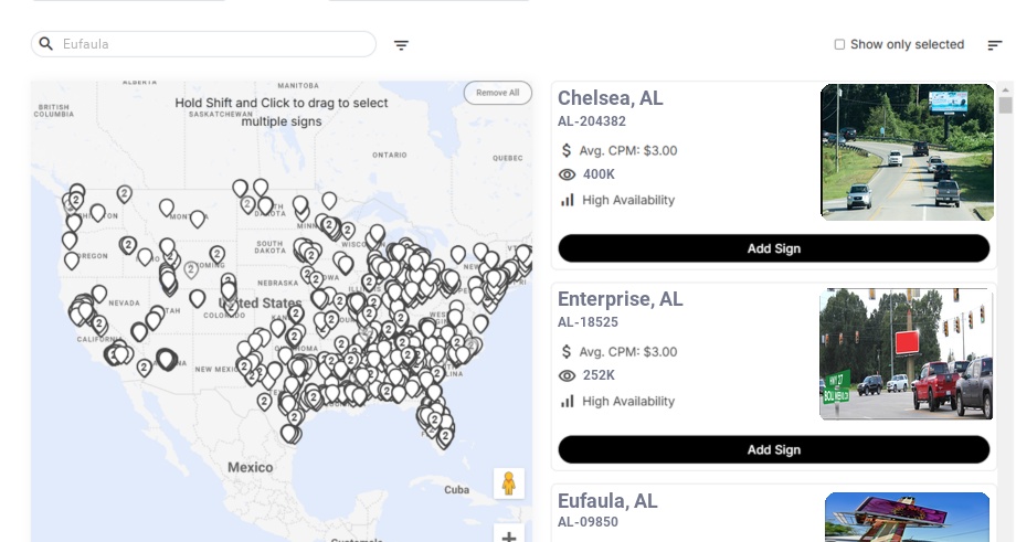 Billboard advertising in Eufaula Al, Alabama - Choose your favorite location