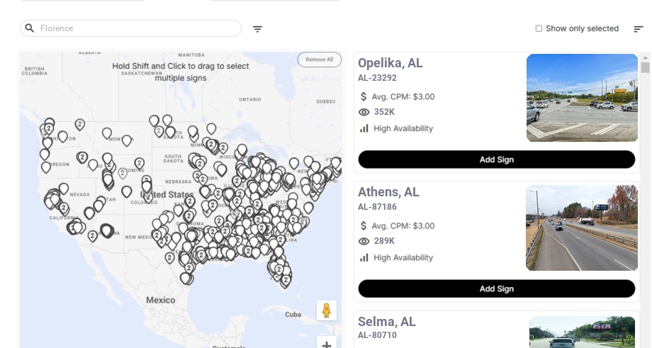 Billboard advertising in Florence Al, Alabama - Choose your favorite location