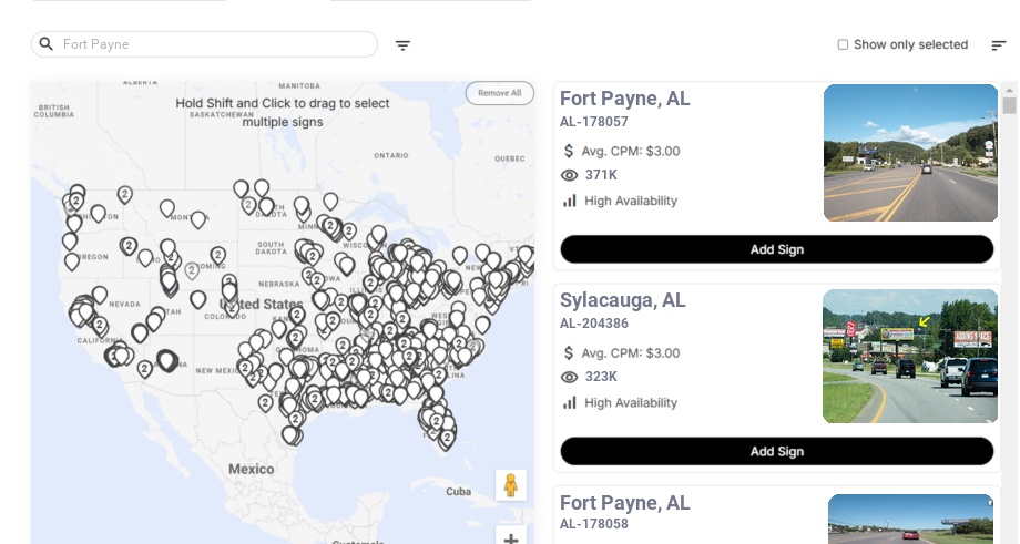 Billboard advertising in Fort Payne Al, Alabama - Choose your favorite location