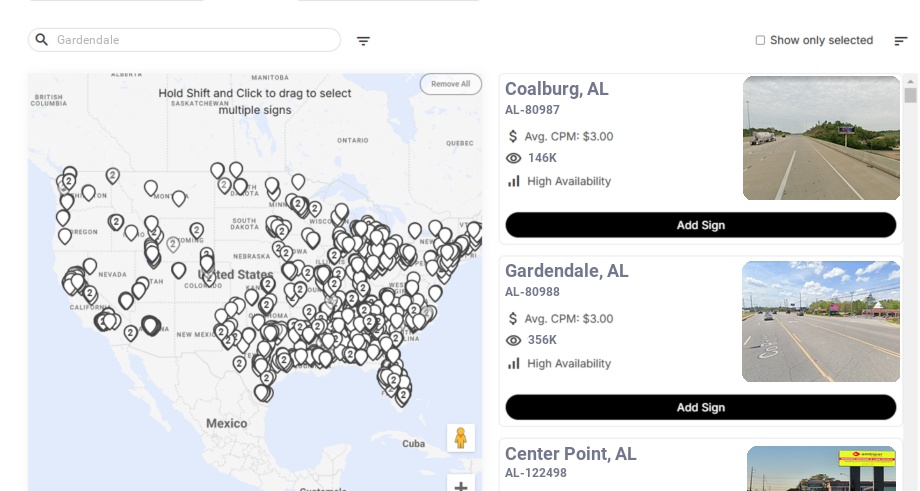 Billboard advertising in Gardendale Al, Alabama - Choose your favorite location