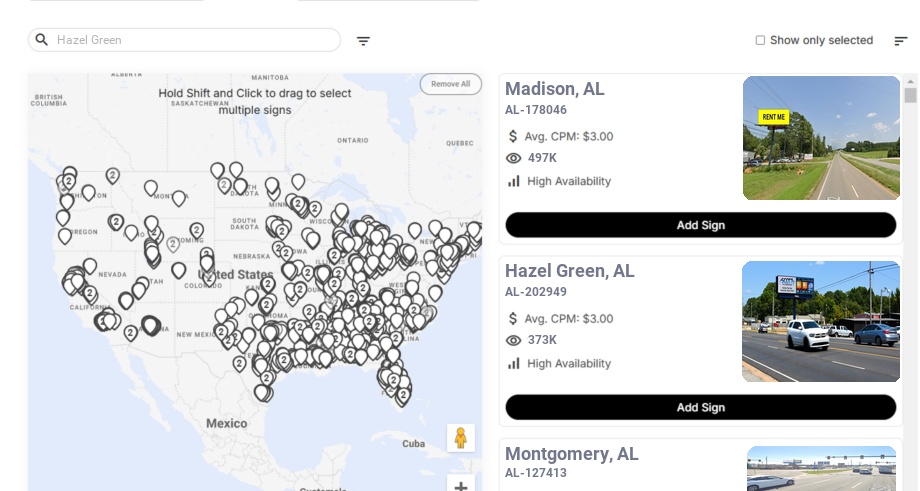 Billboard advertising in Hazel Green Al, Alabama - Choose your favorite location
