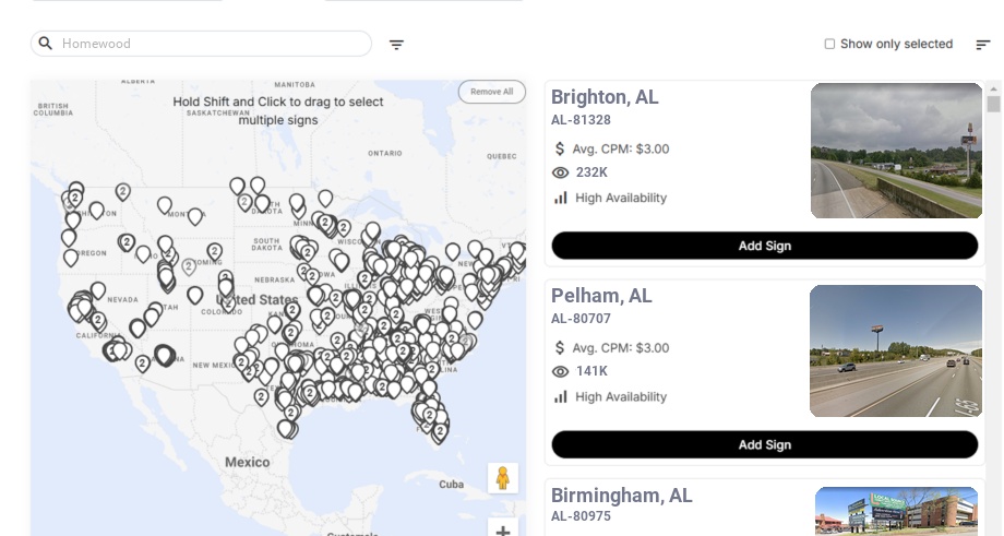 Billboard advertising in Homewood Al, Alabama - Choose your favorite location