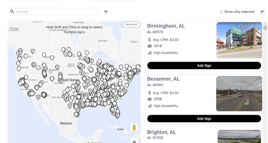 Billboard advertising in Hoover Al, Alabama - Choose your favorite location