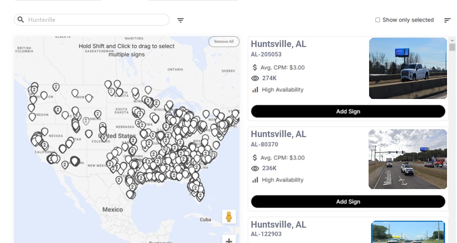 Billboard advertising in Huntsville Al, Alabama - Choose your favorite location