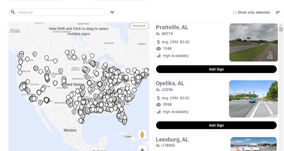 Billboard advertising in Leesburg Al, Alabama - Choose your favorite location