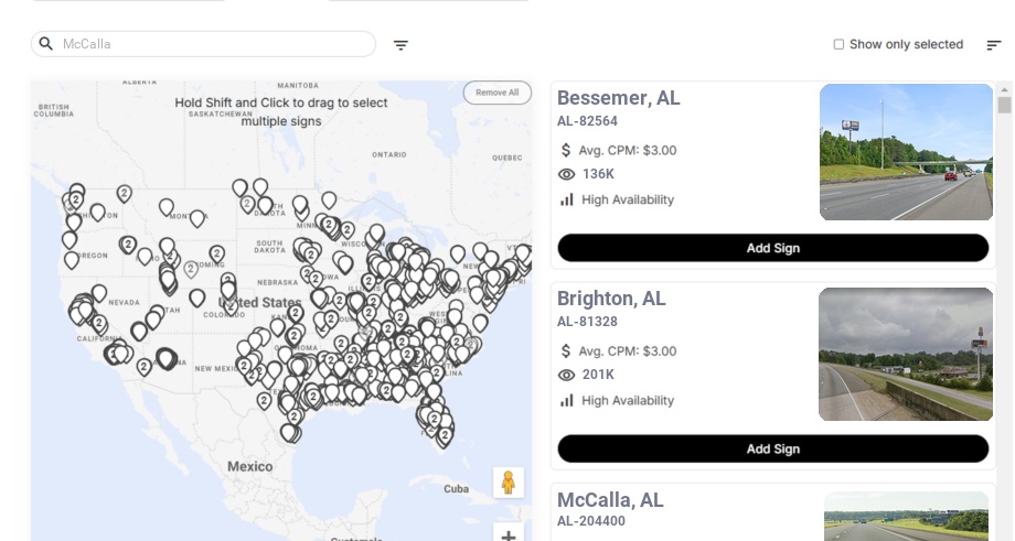 Billboard advertising in Mccalla Al, Alabama - Choose your favorite location