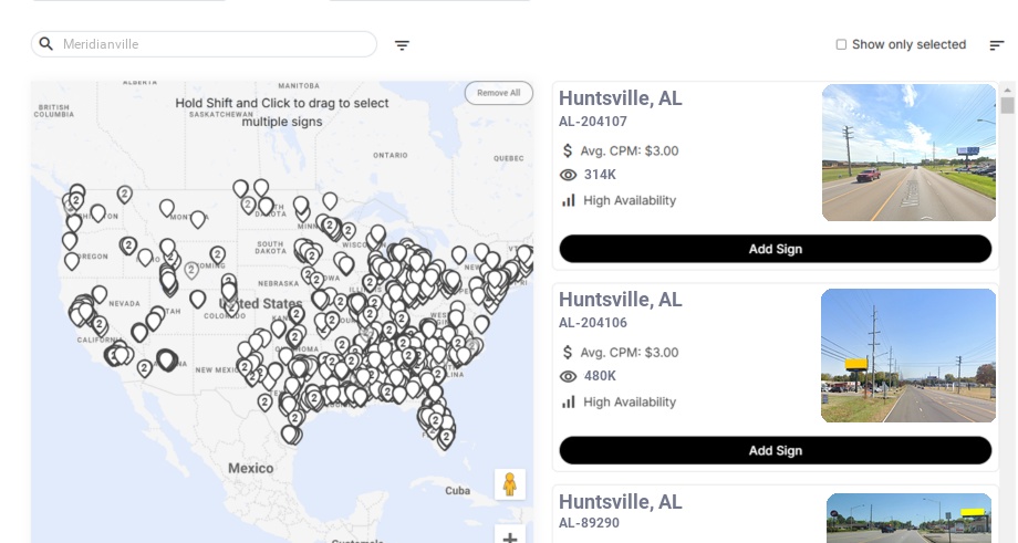 Billboard advertising in Meridianville Al, Alabama - Choose your favorite location