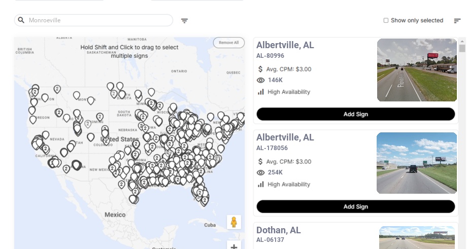 Billboard advertising in Monroeville Al, Alabama - Choose your favorite location