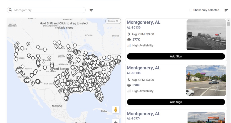Billboard advertising in Montgomery, Alabama - Choose your favorite location