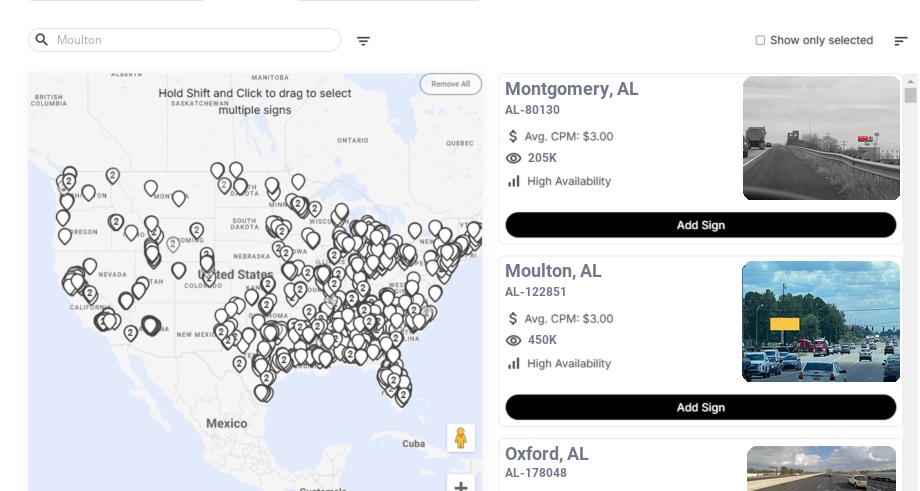 Billboard advertising in Moulton Al, Alabama - Choose your favorite location