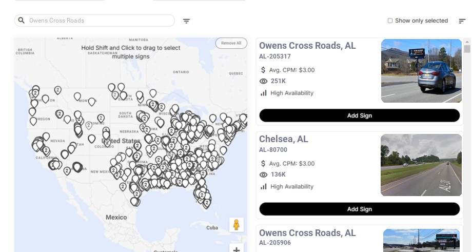 Billboard advertising in Owens Cross Roads, Alabama - Choose your favorite location