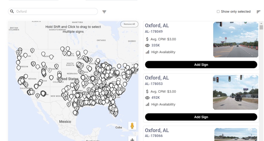 Billboard advertising in Oxford Al, Alabama - Choose your favorite location