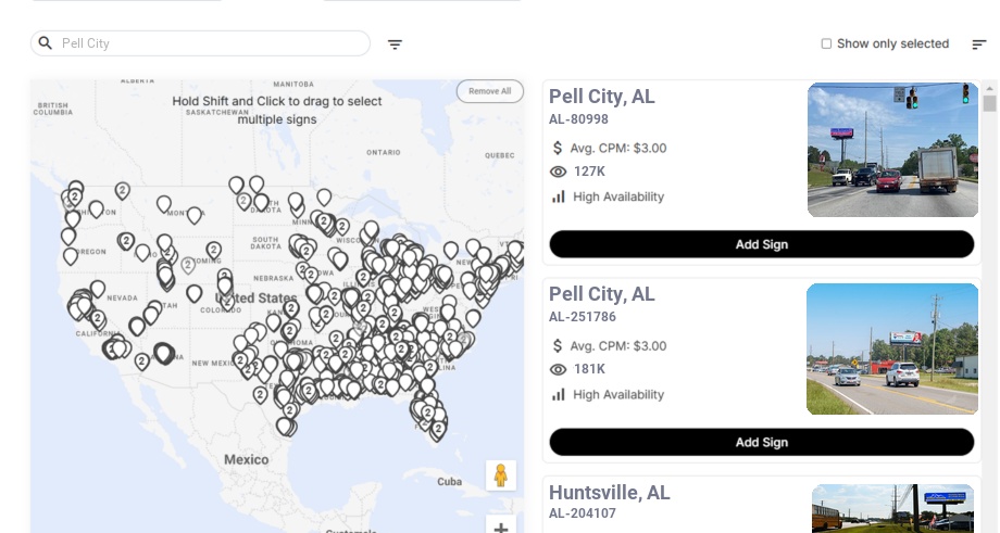Billboard advertising in Pell City Al, Alabama - Choose your favorite location
