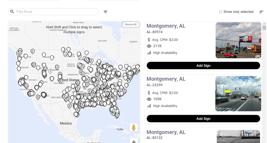 Billboard advertising in Pike Road Al, Alabama - Choose your favorite location