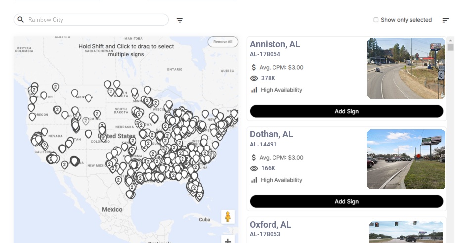 Billboard advertising in Rainbow City Al, Alabama - Choose your favorite location