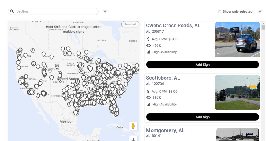 Billboard advertising in Section Al, Alabama - Choose your favorite location
