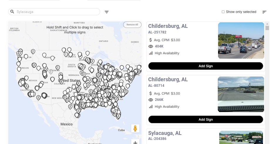 Billboard advertising in Sylacauga Al, Alabama - Choose your favorite location