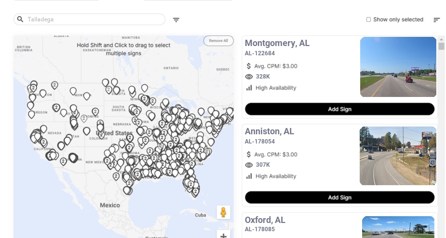 Billboard advertising in Talladega Al, Alabama - Choose your favorite location