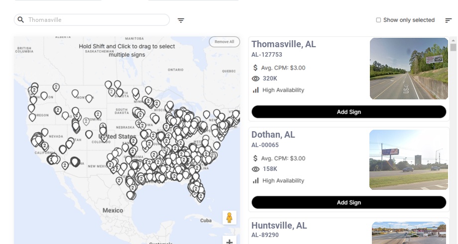 Billboard advertising in Thomasville Al, Alabama - Choose your favorite location