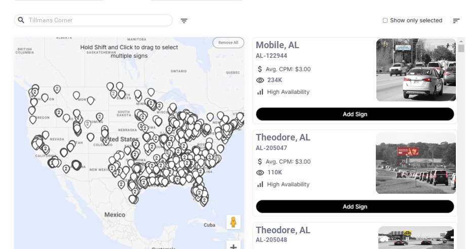 Billboard advertising in Tillmans Corner Al, Alabama - Choose your favorite location
