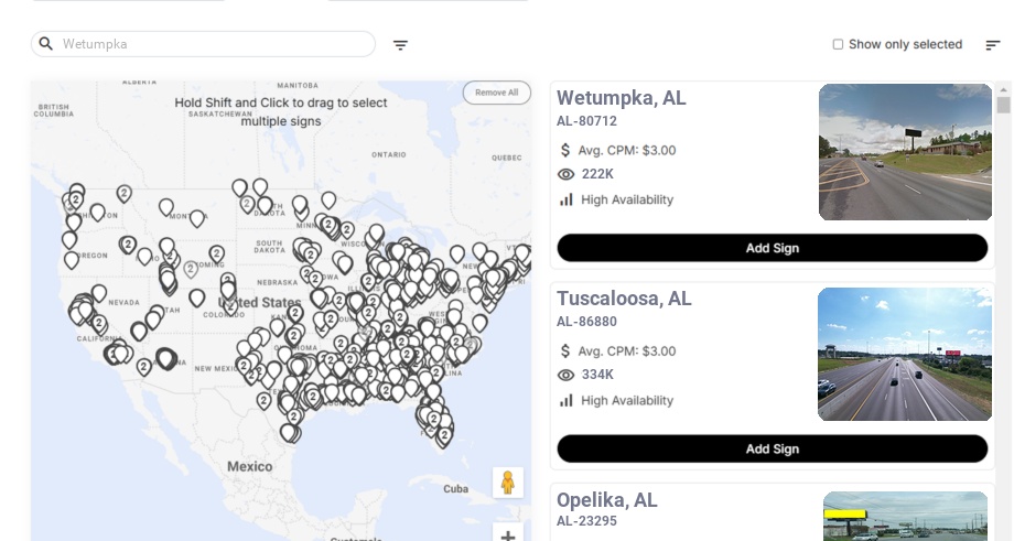 Billboard advertising in Wetumpka Al, Alabama - Choose your favorite location