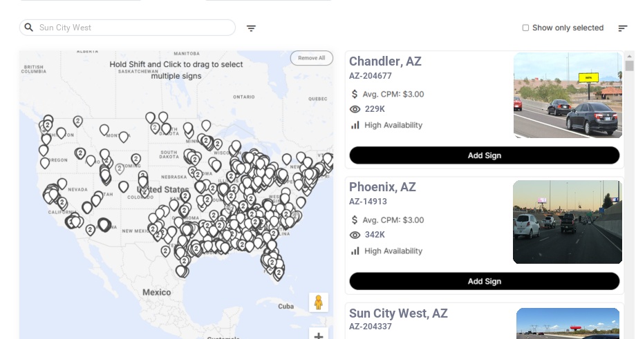 Billboard advertising in Sun City West, Arizona - Choose your favorite location