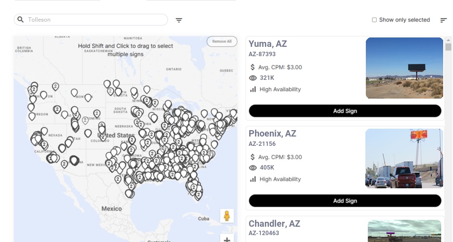 Billboard advertising in Tolleson Az, Arizona - Choose your favorite location