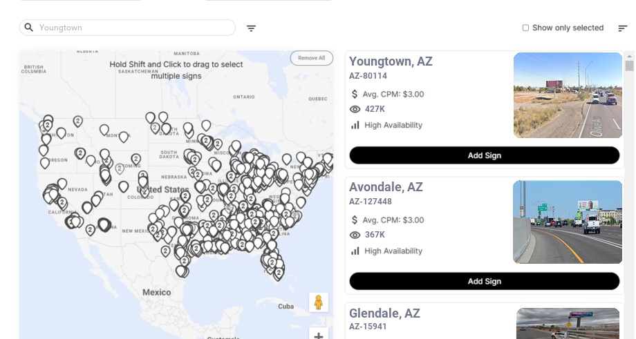 Billboard advertising in Youngtown, Arizona - Choose your favorite location