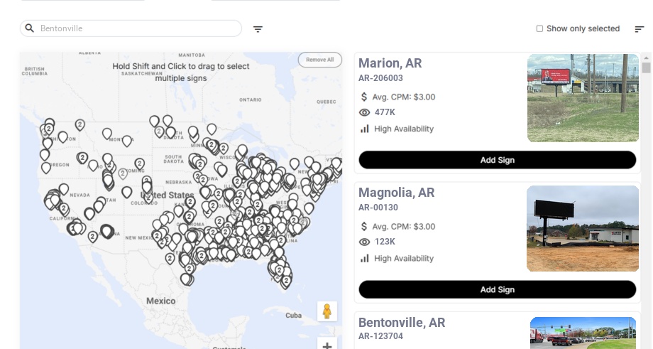 Billboard advertising in Bentonville, Arkansas - Choose your favorite location