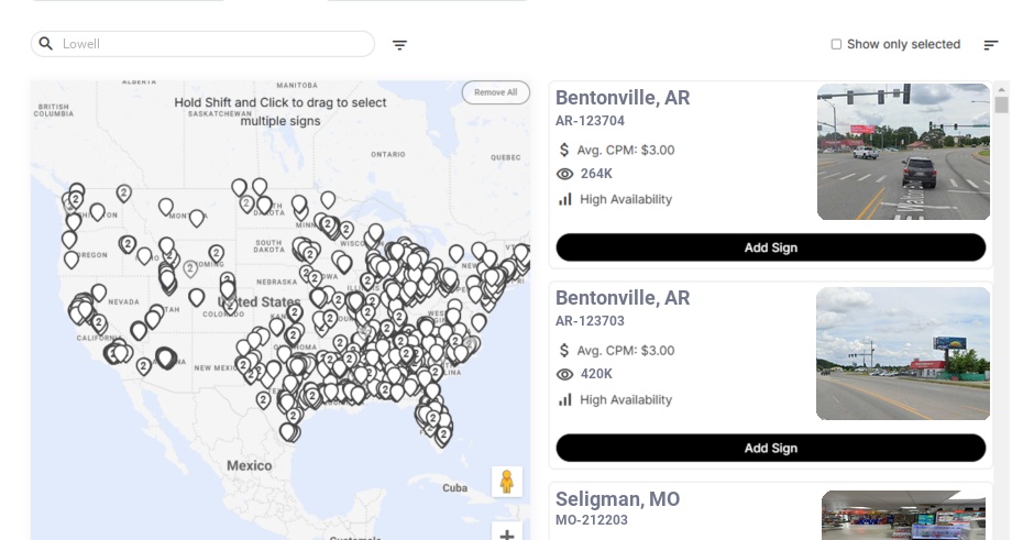 Billboard advertising in Lowell Ar, Arkansas - Choose your favorite location