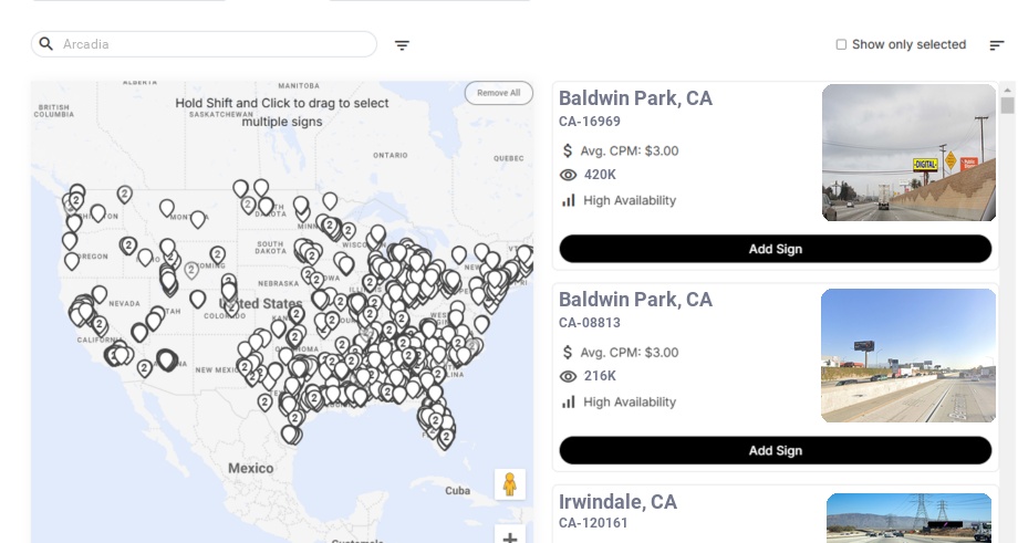 Billboard advertising in Arcadia Ca, California - Choose your favorite location
