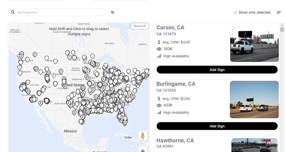 Billboard advertising in Burlingame Ca, California - Choose your favorite location