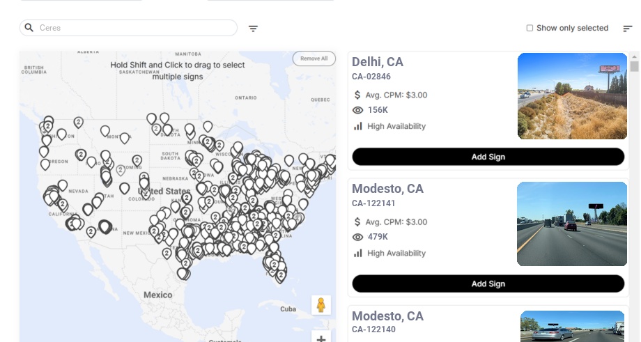 Billboard advertising in Ceres Ca, California - Choose your favorite location