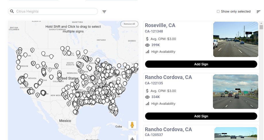 Billboard advertising in Citrus Heights Ca, California - Choose your favorite location