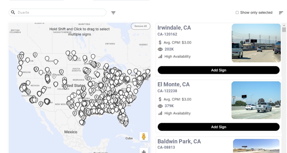 Billboard advertising in Duarte, California - Choose your favorite location
