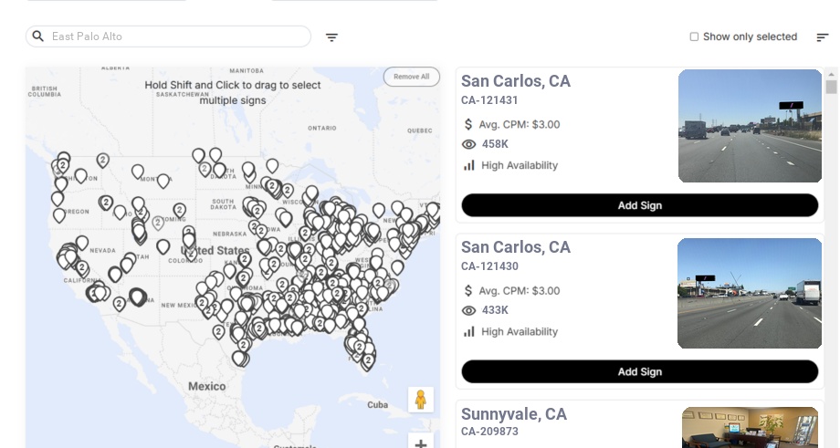 Billboard advertising in East Palo Alto Ca, California - Choose your favorite location
