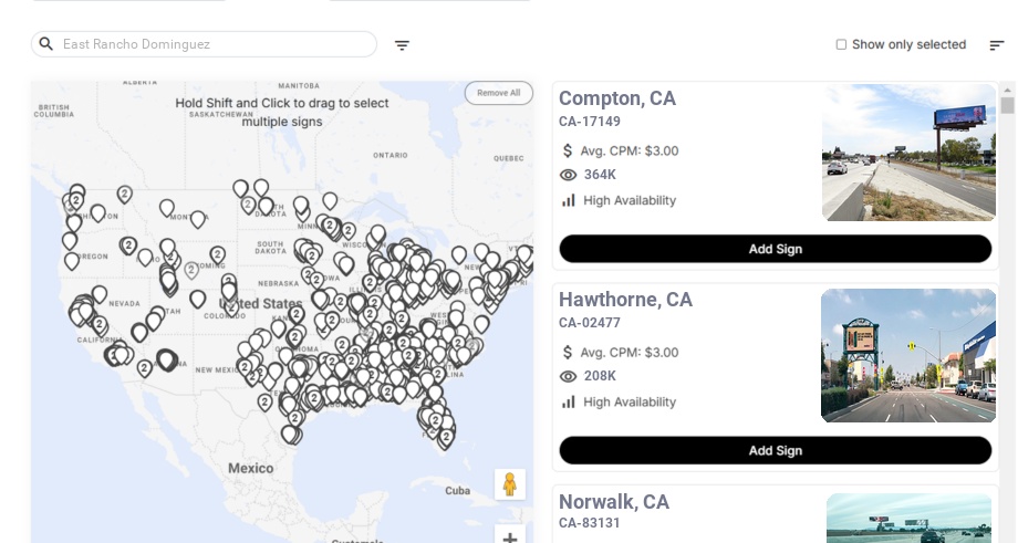 Billboard advertising in East Rancho Dominguez Ca, California - Choose your favorite location