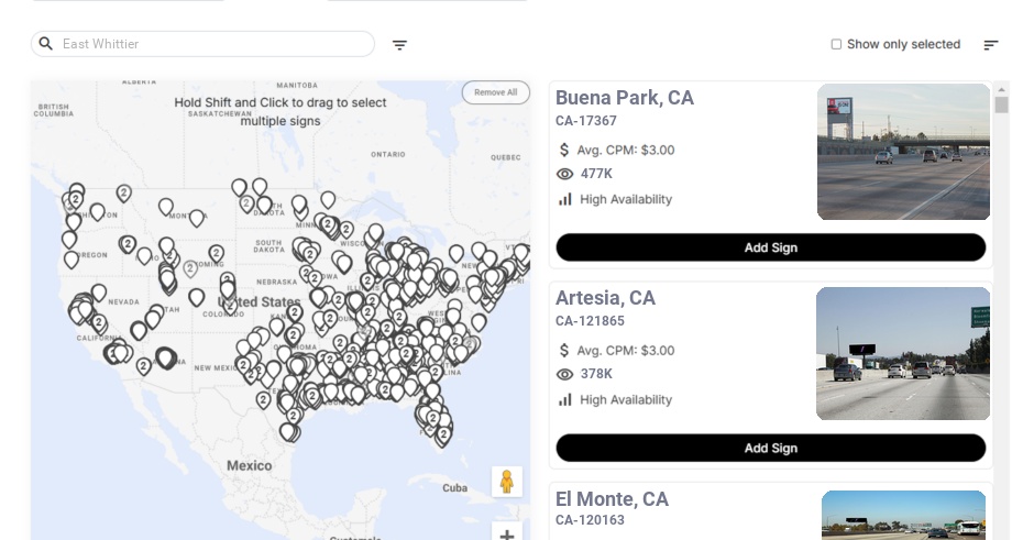 Billboard advertising in East Whittier Ca, California - Choose your favorite location