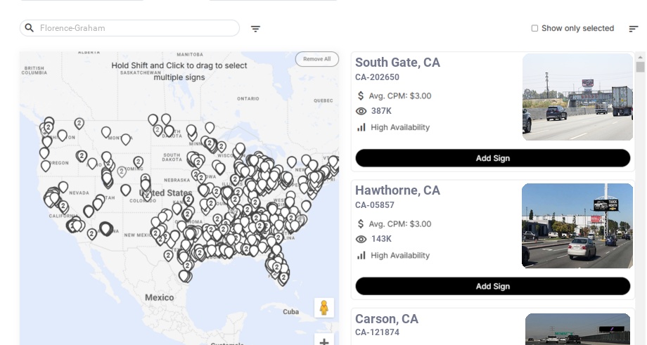 Billboard advertising in Florence Graham Ca, California - Choose your favorite location