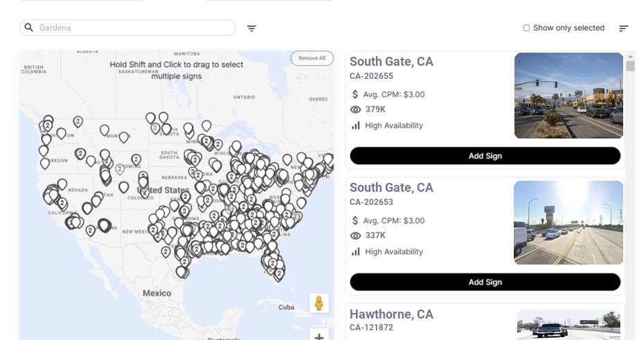 Billboard advertising in Gardena Ca, California - Choose your favorite location
