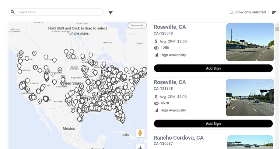Billboard advertising in Granite Bay Ca, California - Choose your favorite location