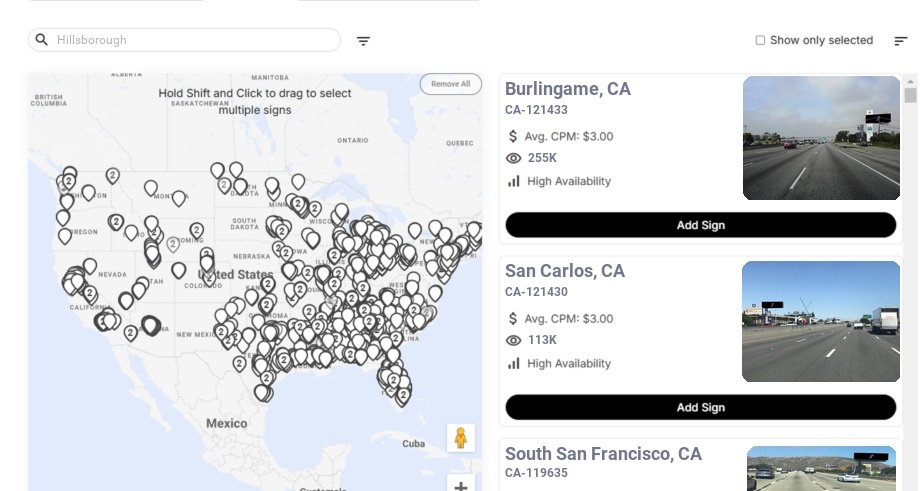 Billboard advertising in Hillsborough Ca, California - Choose your favorite location